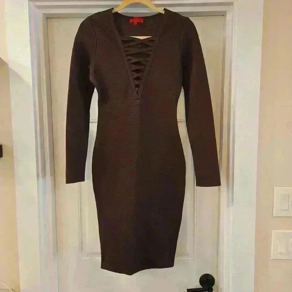 Wow Couture Womens Body Con Stretch Deep V Dress Long Sleeve Purple Size Medium - Picture 1 of 9